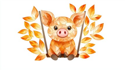 Fototapeta premium Adorable Cartoon Pig Surrounded by Vibrant Autumn Leaves Design
