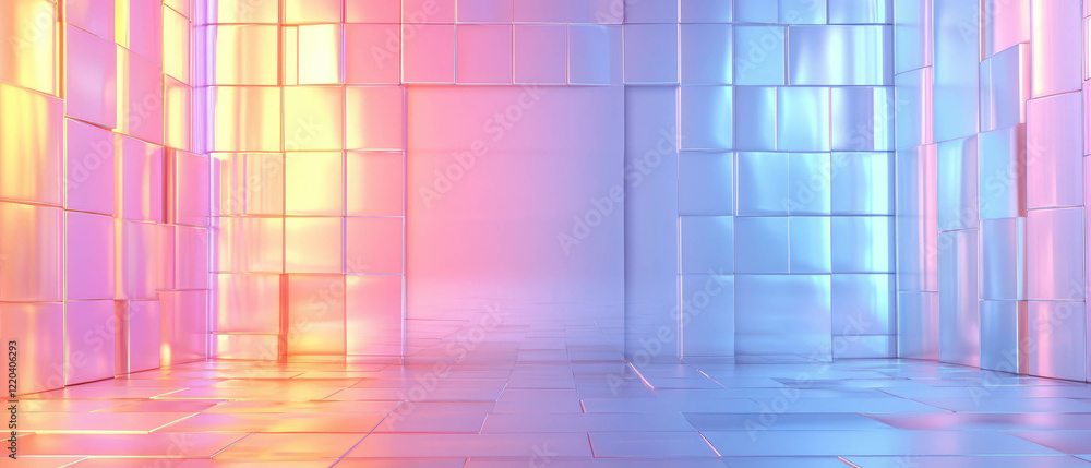 Poster holographic mosaic background with geometric design and empty center for creative projects