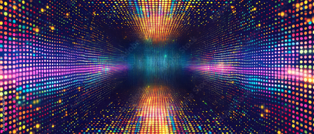 Poster visual display of holographic mosaic with geometric design and empty central area