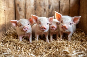 Charming Group of Four Adorable Piglets Snuggling Together in a Cozy Barn Setting with Fresh Straw and Warm Wooden Walls, Perfect for Farm Life Imagery