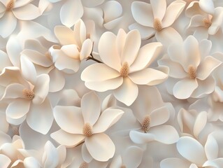 Fototapeta premium A Seamless Pattern of Cream/Off-White Magnolia Flowers with Yellow/Orange Centers and Light Brown/Golden Brown Branches on a Cream/Off-White Background