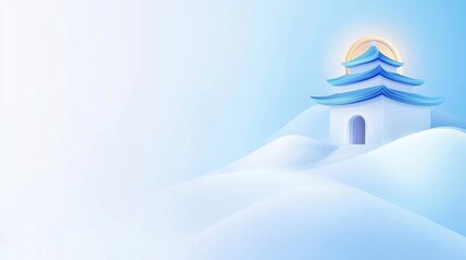Serene Winter Landscape with Tranquil Temple on Snowy Hills