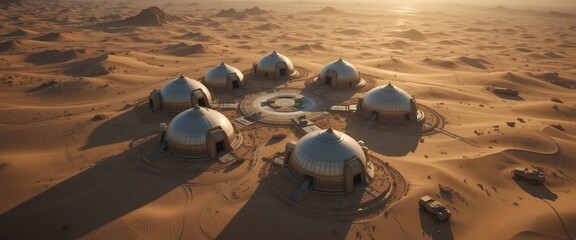 A futuristic desert outpost with domed structures and vehicle tracks in the sand