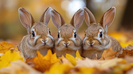 Obraz premium Three rabbits autumn leaves forest fall nature wildlife