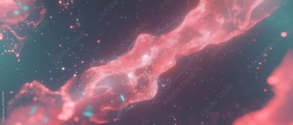 Poster network visualization of interconnected circuits and glowing data streams in a digital landscape