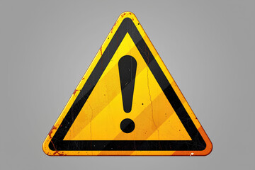 A worn and weathered yellow triangle caution sign with a black border and exclamation point against a gray background, signaling potential hazards