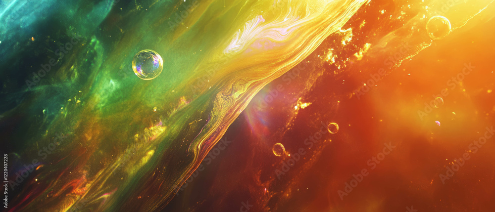 Poster iridescent soap bubbles float against a vibrant abstract background of shimmering colors