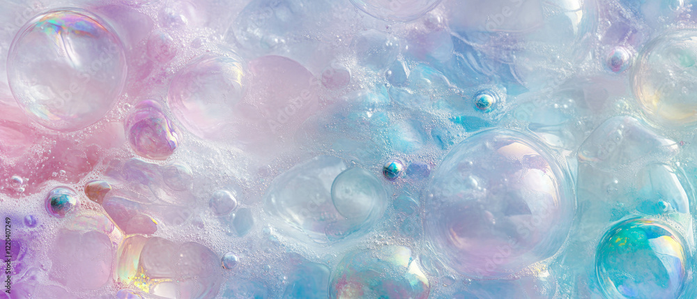 Poster iridescent soap bubbles create a shimmering abstract background in pastel hues
