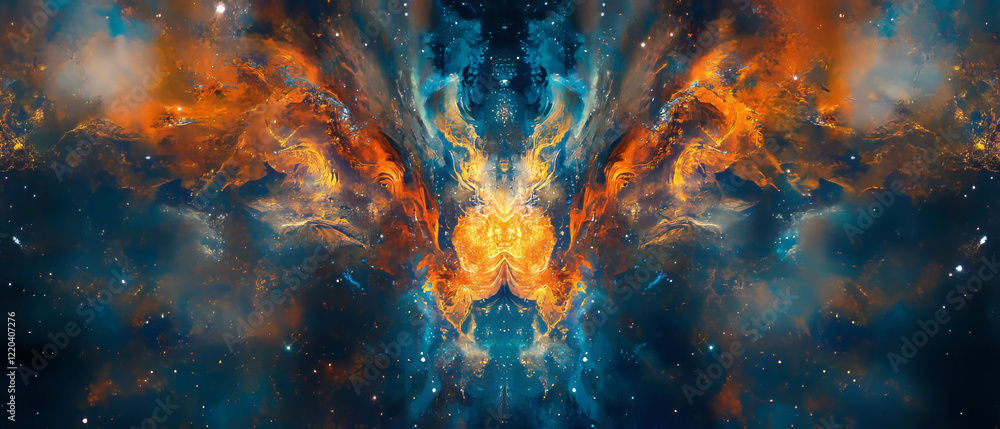Poster irregular galaxy with chaotic structure and vibrant central focal point in space
