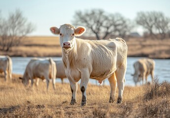 Obraz premium Charming Young White Cow Standing Gracefully Near Water, Surrounded by Lush Pasture and Gentle Landscape in Golden Hour Light