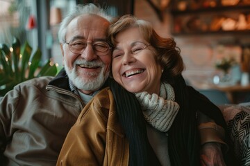 Fototapeta premium Senior couple enjoying a relaxing moment together at a cafe, sharing laughter and happiness