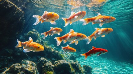 Koi fish swim underwater, sunlit rocks, aquatic scene, peaceful pond