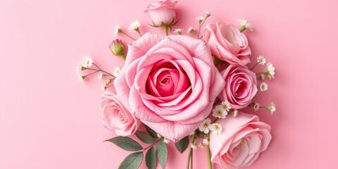 Pink rose flowers bouquet on pink background flat lay top view minimal floral composition, top view, pink background