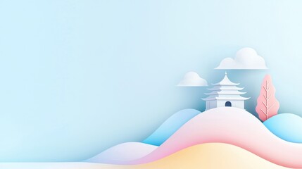 Serene Landscape with Traditional Architecture and Soft Pastel Colors