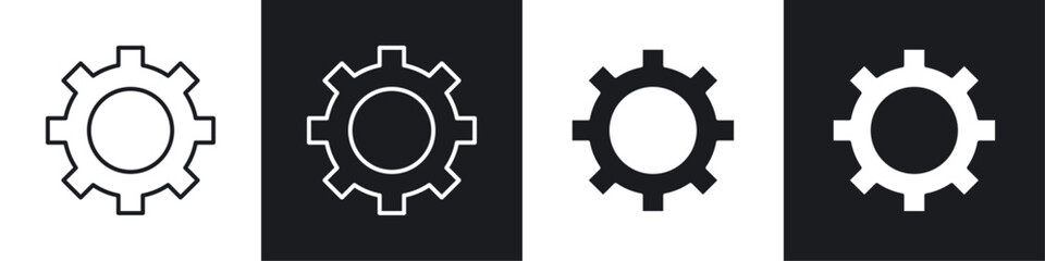 Cogwheel icons collection in black and white solid and line style
