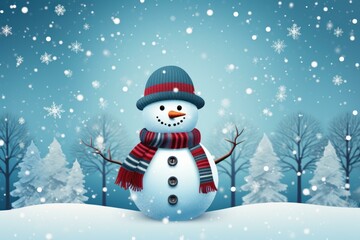 Fototapeta premium Smiling snowman wearing a striped scarf and beanie hat stands in a snowy winter wonderland with falling snowflakes and snow covered trees