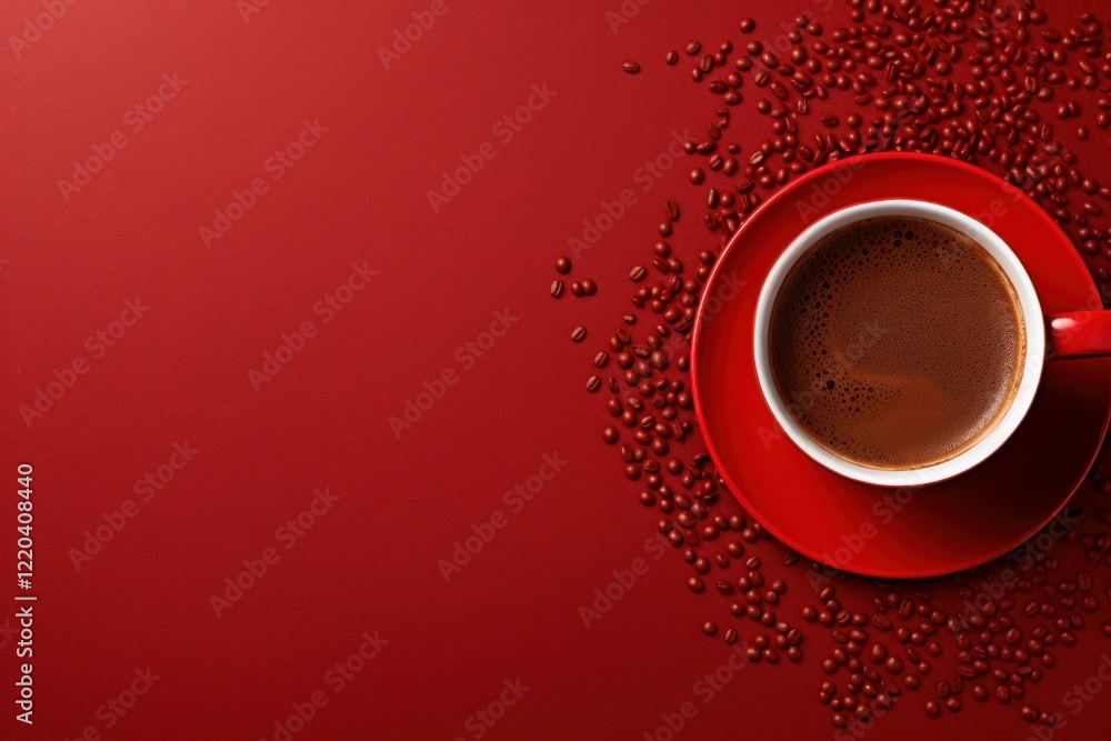 Poster red coffee cup filled with aromatic coffee and coffee beans on a matching red background, creating a