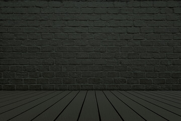 Wooden Floor with Brick Wall Background in Dark Green Tone.