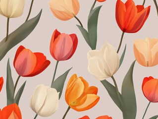 Obraz premium A Seamless Pattern of Orange and Yellow Tulips with Green Leaves on a Cream/Off-White Background