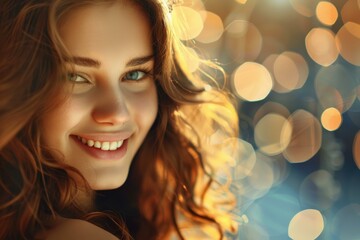 Fototapeta premium Portrait of a beautiful smiling woman with long brown hair and perfect white teeth on a shiny golden bokeh background