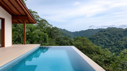 Fototapeta premium serene minimalist room with private infinity pool overlooking lush mountains