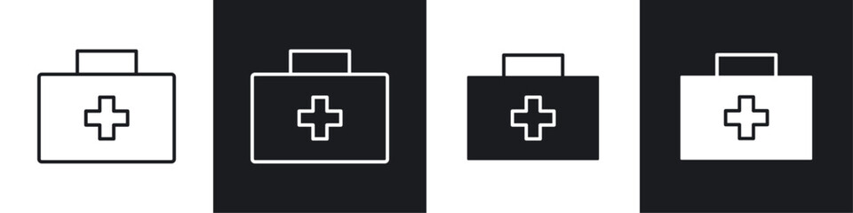First aid kit icons collection in black and white solid and line style