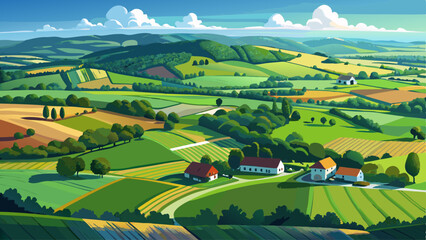 Aerial view of endless lush pastures and farmlands of England. Beautiful English countryside with emerald green fields and meadows. © williamnoah