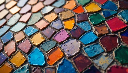 Colorful mosaic tile surface close up featuring a variety of irregular shapes