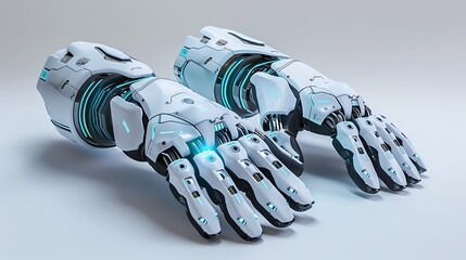 A pair of gloves with built-in smart controls and futuristic designs, positioned on white.
