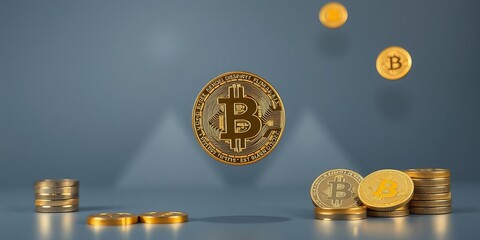 Depressed businessman at desk with head in hands over decreasing bitcoin value, investment, loss