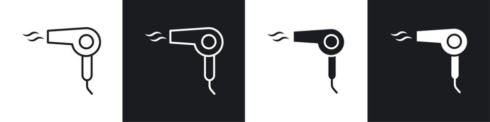 Hair dryer icons collection in black and white solid and line style