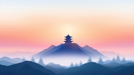 Serene Sunset Over Majestic Mountains and Tranquil Pagoda Silhouette