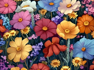Seamless Multi-colored Wildflower Pattern on 
