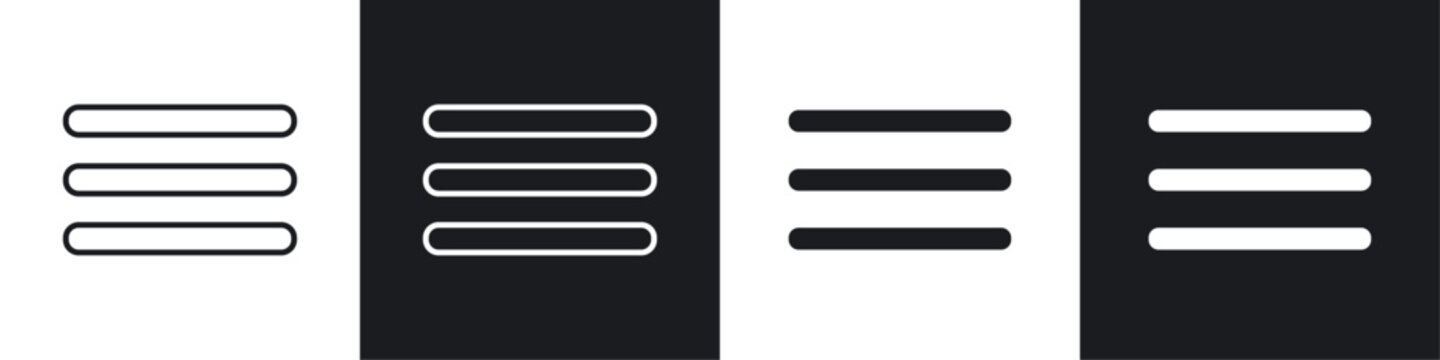 Hamburger menu icons collection in black and white solid and line style