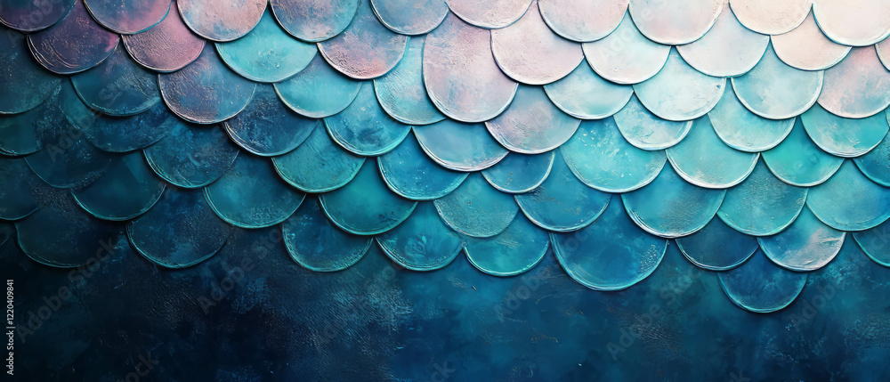 Poster mermaid scale texture background with ocean hues and empty central space for design