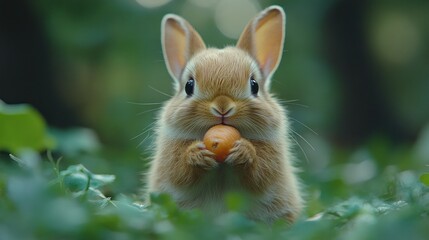 Fototapeta premium Cute bunny eating fruit in lush garden, nature background