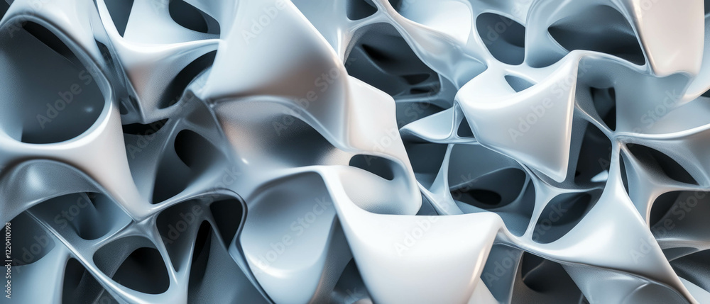 Poster morphing geometric shapes create fluid transitions in an abstract background landscape