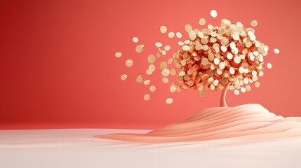 Golden Coins Flowing from a Stylized Tree Against a Vibrant Background