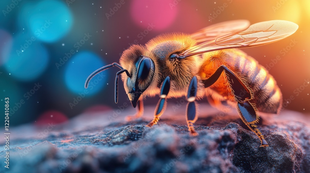 Poster close-up of a bee perched on a rock, illuminated by colorful bokeh lights in the background