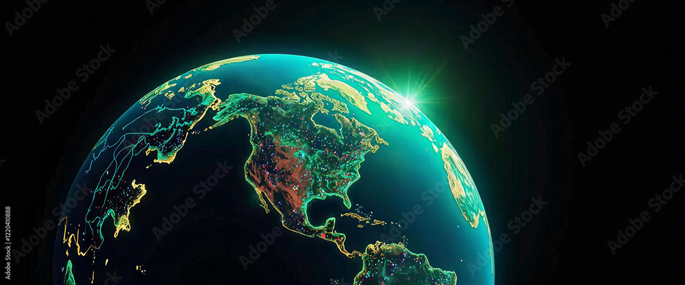 Poster a computer generated image of the earth at night with a bright sun in the sky. the image is in black