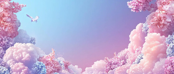 Colorful pastel holographic clouds and flowers create a dreamy abstract background