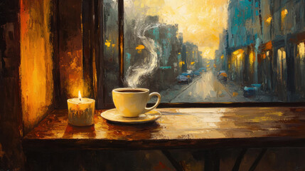 An elegant oil painting of a cozy cafÃ© corner, a steaming cup of coffee on a vintage wooden table, warm golden hues from candlelight