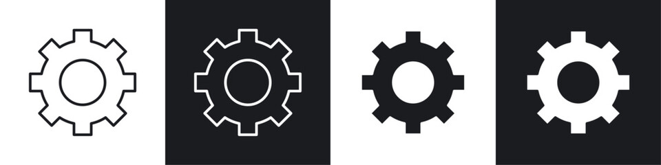Settings gear icons collection in black and white solid and line style