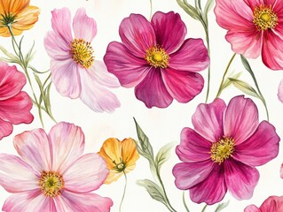A Seamless Watercolor Pattern of Purple/Pink Cosmos Flowers with Yellow/Orange Centers on a Purple/Pink Background with Splatters and Stains