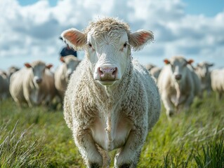 Obraz premium Close-Up of a Curious White Cow in a Lush Green Field Surrounded by Other Cattle Under a Bright Blue Sky with Fluffy Clouds in the Background