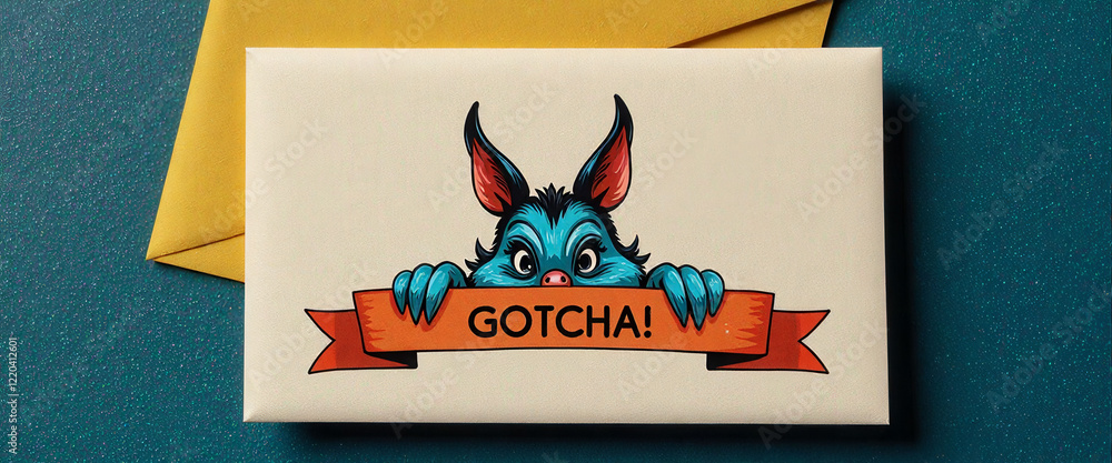 Poster a cartoon rabbit is peeking out from behind a banner that says gotcha!. the rabbit is looking at the