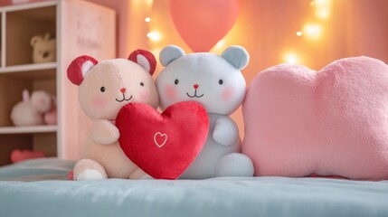 Obraz premium A cute Valentine's gift for a girlfriend with a personalized plush toy holding a heart-shaped cushion