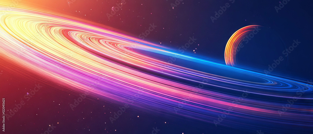 Poster abstract depiction of planetary rings in a cosmic background with science elements