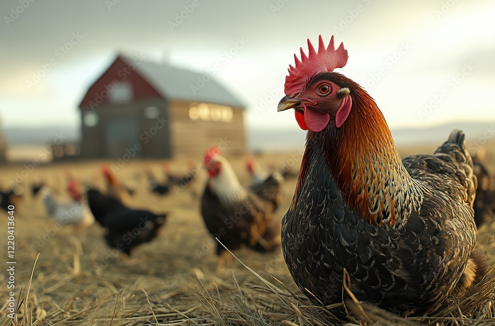 Poster close-up of a vibrant rooster in a rustic farm setting with chickens roaming freely in the backgroun