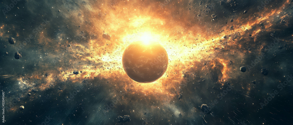 Poster planets orbit in dynamic arrangement with central void and space exploration theme